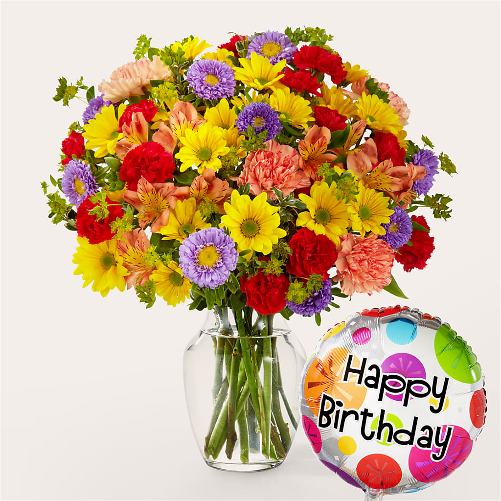 Kaleidoscope Bouquet with Birthday Balloon – D'FLOR FLOWERS BOUTIQUE, San Juan PR
